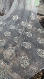 GRAY PURE & PREMIUM ORGANZA CHIKANKARI & MUKAISH SAREE & BLOUSE - Image 6