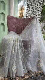 GRAY PURE & PREMIUM ORGANZA CHIKANKARI & MUKAISH SAREE & BLOUSE - Image 7