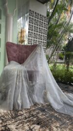 GRAY PURE & PREMIUM ORGANZA CHIKANKARI & MUKAISH SAREE & BLOUSE