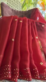 DARK RED PURE & PREMIUM ORGANZA MUKAISH SAREE & BLOUSE - Image 2