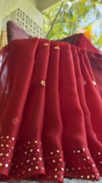 DARK RED PURE & PREMIUM ORGANZA MUKAISH SAREE & BLOUSE - Image 3