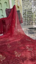 DARK RED PURE & PREMIUM ORGANZA MUKAISH SAREE & BLOUSE - Image 4