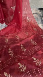 DARK RED PURE & PREMIUM ORGANZA MUKAISH SAREE & BLOUSE - Image 6