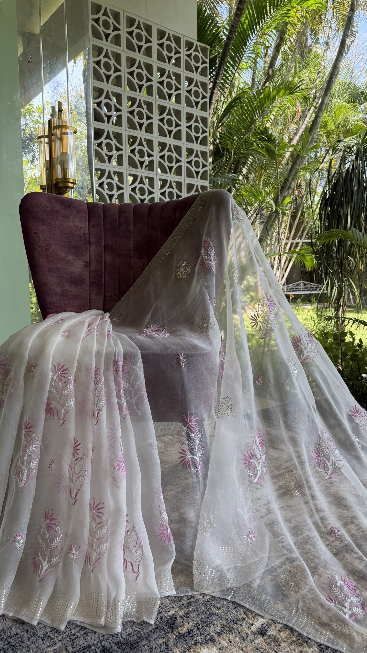 2 DYEABLE PURE & PREMIUM ORGANZA CHIKANKARI & MUKAISH SAREE & BLOUSE - Image 1