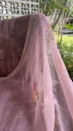 BLUSH PINK PURE & PREMIUM ORGANZA CHIKANKARI & MUKAISH SAREE & BLOUSE - Image 3