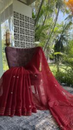 DARK RED PURE & PREMIUM ORGANZA MUKAISH SAREE & BLOUSE