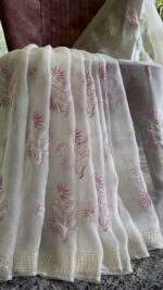 DYEABLE PURE & PREMIUM ORGANZA CHIKANKARI & MUKAISH SAREE & BLOUSE - Image 2