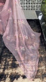 BLUSH PINK PURE & PREMIUM ORGANZA CHIKANKARI & MUKAISH SAREE & BLOUSE - Image 4