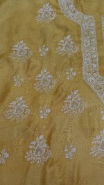 MUSTARD YELLOW PURE & PREMIUM MONGA SILK CHIKANKARI  KURTA & DUPATTA SET - Image 4