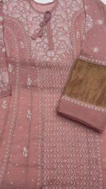 SALMON PINK PURE & PREMIUM TISSUE CHIKANKARI A-LINE ANARKALI & DUPATTA SET - Image 7