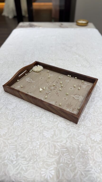 BEIGE CHIKANKARI WOODEN RECTANGLE TRAY