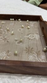BEIGE CHIKANKARI WOODEN RECTANGLE TRAY - Image 3