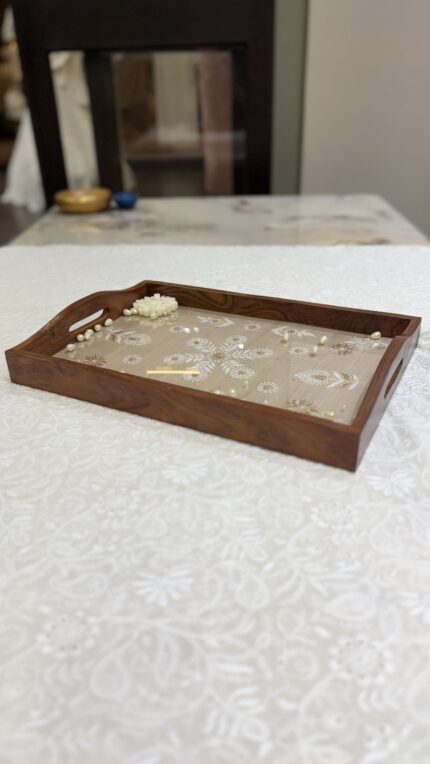 BEIGE CHIKANKARI WOODEN RECTANGLE  TRAY