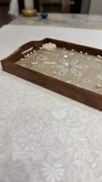 BEIGE CHIKANKARI WOODEN RECTANGLE  TRAY - Image 2
