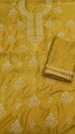 MUSTARD YELLOW PURE & PREMIUM MONGA SILK CHIKANKARI  KURTA & DUPATTA SET - Image 6