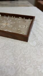 BEIGE CHIKANKARI WOODEN RECTANGLE  TRAY - Image 3