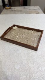 BEIGE CHIKANKARI WOODEN RECTANGLE TRAY