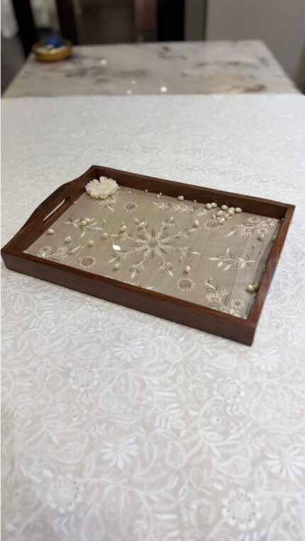 BEIGE CHIKANKARI WOODEN RECTANGLE TRAY
