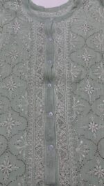 MINT GREEN CHANDERI MUL CHIKANKARI & MUKAISH CO-ORD SET - Image 2