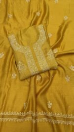 MUSTARD YELLOW PURE & PREMIUM MONGA SILK CHIKANKARI  KURTA & DUPATTA SET