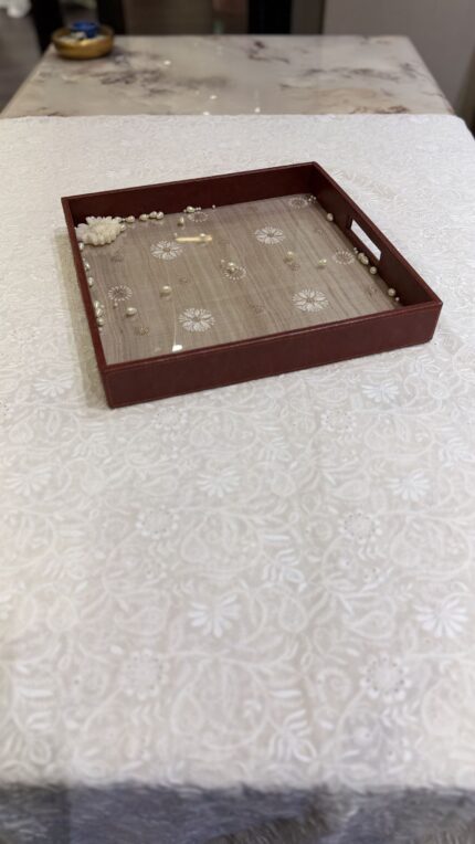 BEIGE CHIKANKARI LEATHER SQUARE TRAY