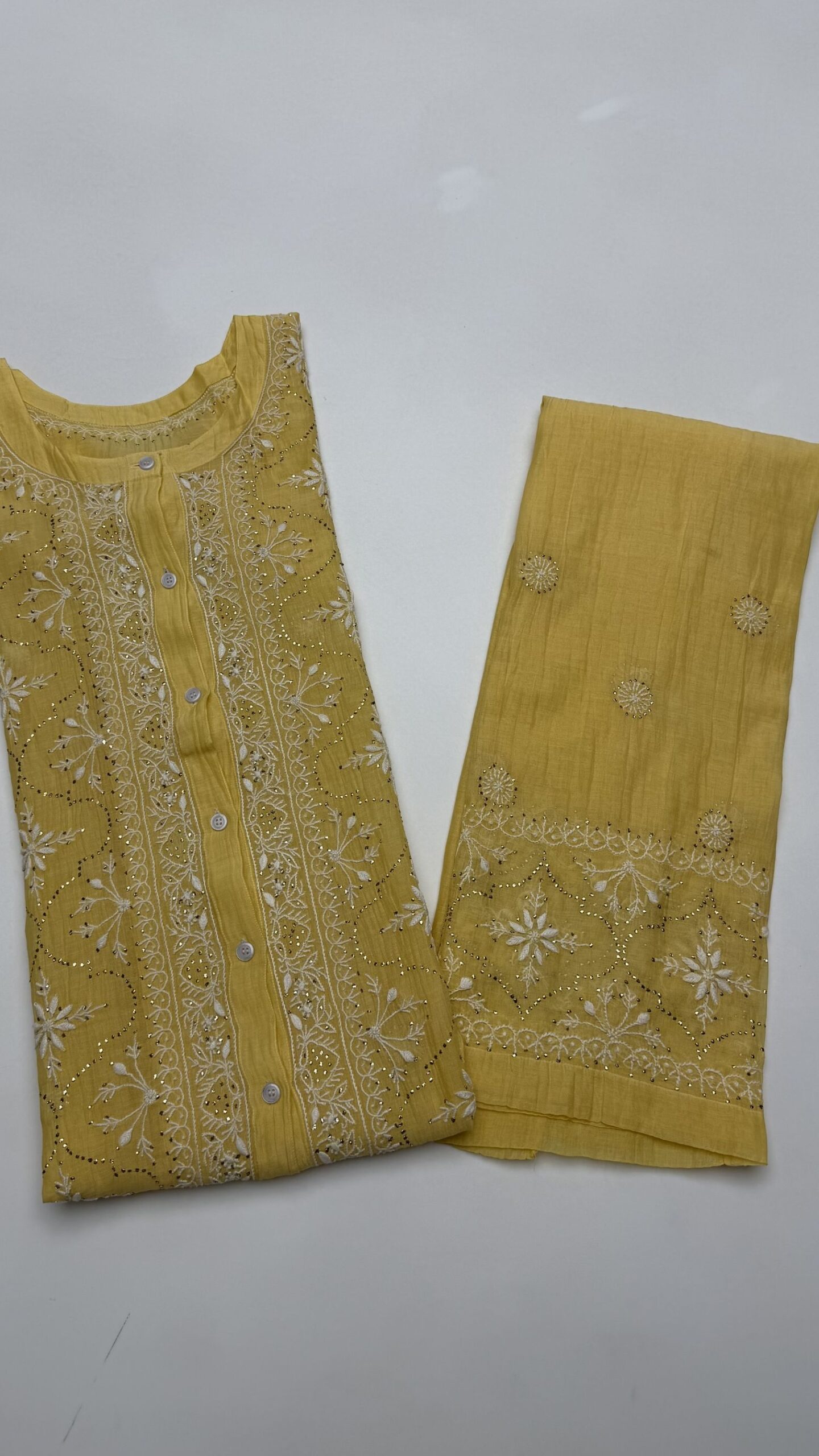 38 BUTTER YELLOW CHANDERI MUL CHIKANKARI & MUKAISH CO-ORD SET - Image 1