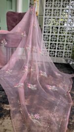 BLUSH PINK PURE & PREMIUM ORGANZA CHIKANKARI & MUKAISH SAREE & BLOUSE - Image 5