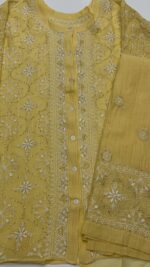 BUTTER YELLOW CHANDERI MUL CHIKANKARI & MUKAISH CO-ORD SET - Image 4