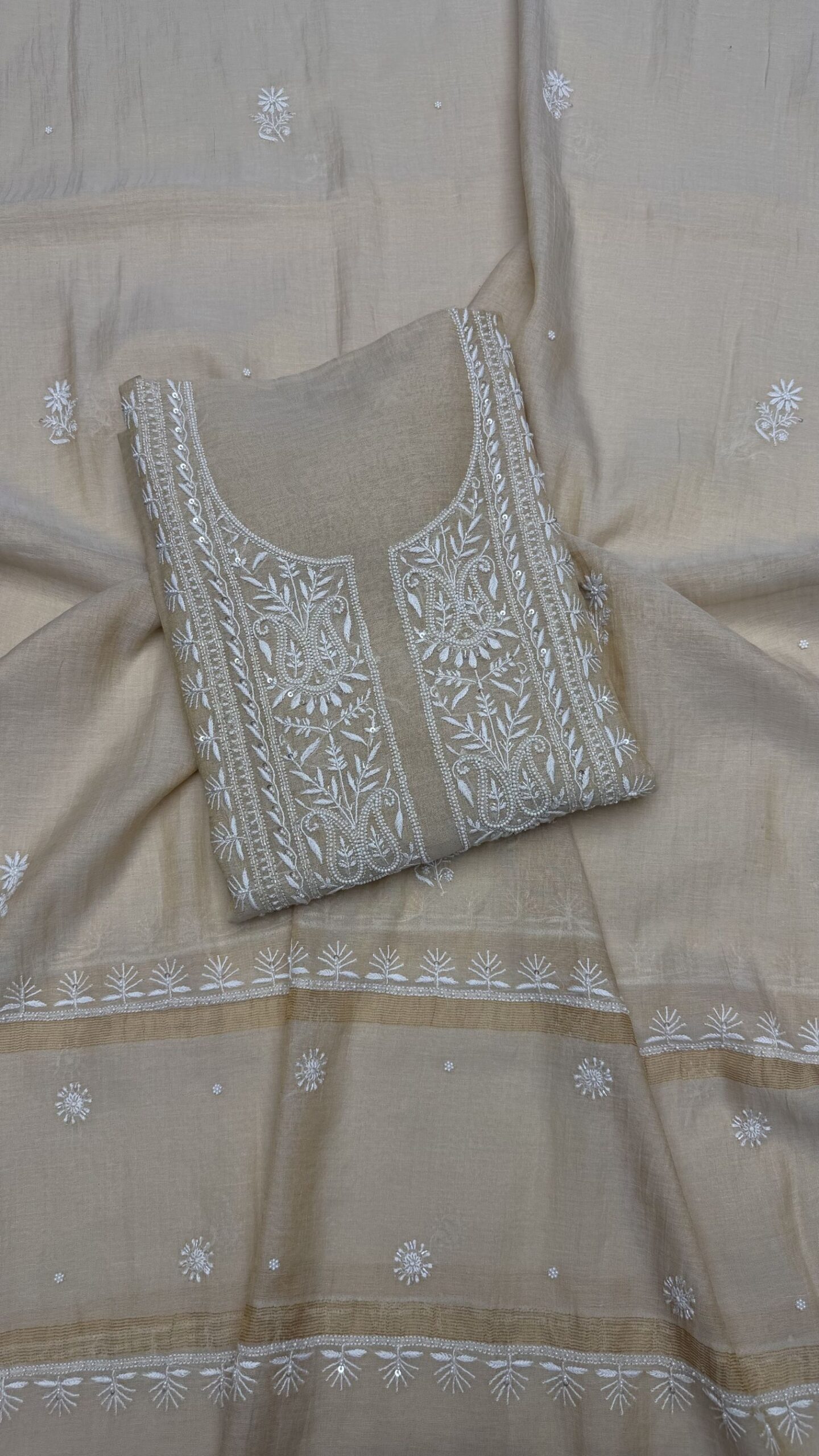40 DYEABLE PURE & PREMIUM TISSUE CHIKANKARI KURTA & DUPATTA SET - Image 1