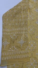 BUTTER YELLOW CHANDERI MUL CHIKANKARI & MUKAISH CO-ORD SET - Image 3