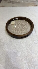 BEIGE CHIKANKARI WOODEN ROUND TRAY