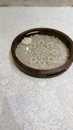 BEIGE CHIKANKARI WOODEN ROUND TRAY - Image 2
