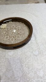 BEIGE CHIKANKARI WOODEN ROUND TRAY - Image 3