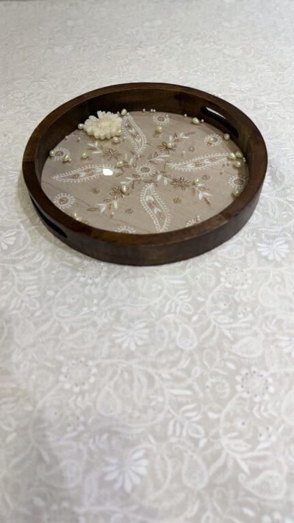 BEIGE CHIKANKARI WOODEN ROUND TRAY