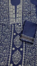 ROYAL BLUE PURE & PREMIUM MONGA SILK CHIKANKARI KURTA & DUPATTA SET - Image 6