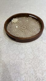 BEIGE CHIKANKARI WOODEN ROUND TRAY