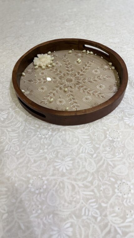 BEIGE CHIKANKARI WOODEN ROUND TRAY