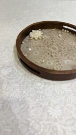 BEIGE CHIKANKARI WOODEN ROUND TRAY - Image 2