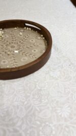BEIGE CHIKANKARI WOODEN ROUND TRAY - Image 3