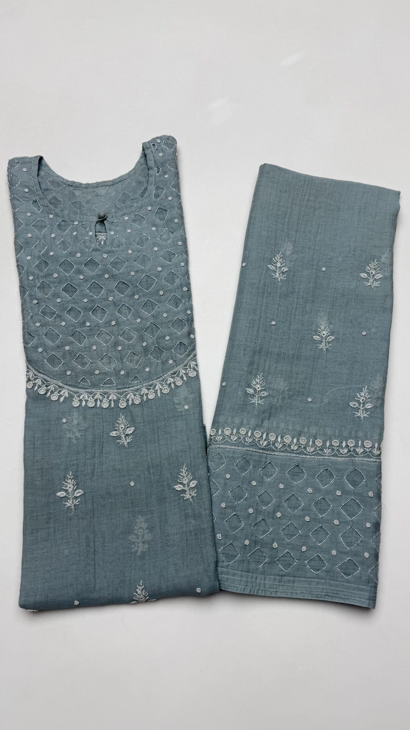 50 ICY BLUE PURE & PREMIUM TISSUE CHIKANKARI CO-ORD SET - Image 1
