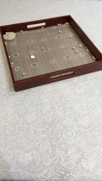 BEIGE CHIKANKARI LEATHER SQUARE TRAY