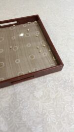 BEIGE CHIKANKARI LEATHER SQUARE TRAY - Image 3