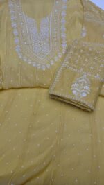 YELLOW CHANDERI MUL CHIKANKARI ANARKALI & DUPATTA SET - Image 7