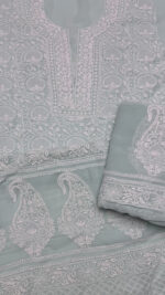 MINT GREEN PURE & PREMIUM GEORGETTE CHIKANKARI KURTA & DUPATTA SET - Image 4