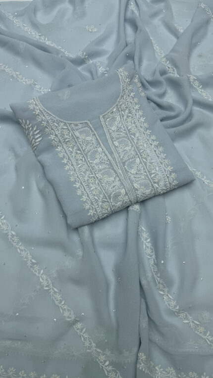 ICY BLUE PURE & PREMIUM GEORGETTE CHIKANKARI KURTA & DUPATTA SET
