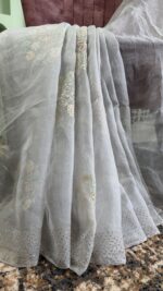GRAY PURE & PREMIUM ORGANZA CHIKANKARI & MUKAISH SAREE & BLOUSE - Image 2