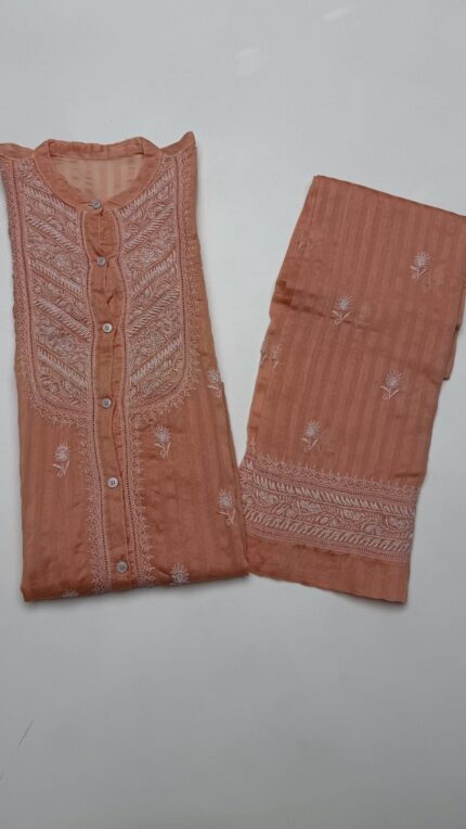 PEACH CHANDERI MUL CHIKANKARI CO-ORD SET