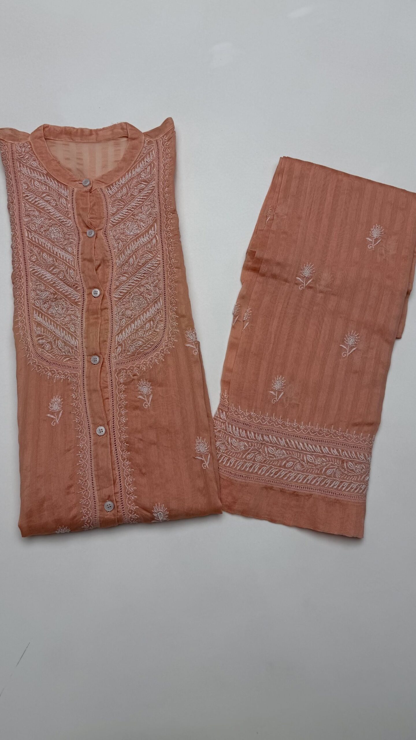 7 PEACH CHANDERI MUL CHIKANKARI CO-ORD SET - Image 1