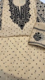 BEIGE & BLACK CHANDERI MUL CHIKANKARI ANARKALI & DUPATTA SET - Image 6