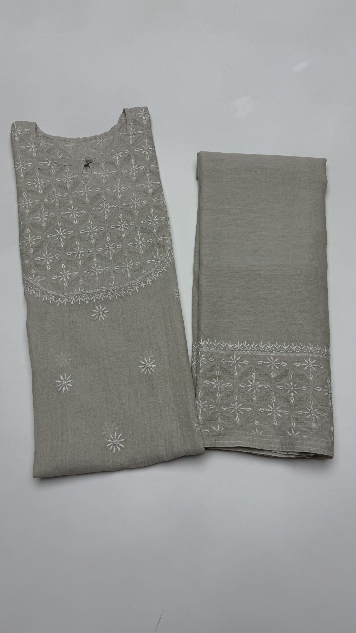 70 DYEABLE PURE & PREMIUM SILVER TISSUE CHIKANKARI CO-ORD SET - Image 1